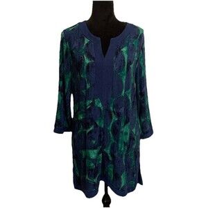 Chicos Size 2 Womens Large Top Tunic Stretch Slinky Artsy V Neck 3/4 Sleeves